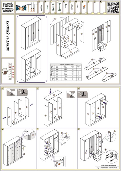 Kenzlife gardırop 6 kapılı çekmeceli begonvil210 crd kapaklı gardolap dolap fırsatları