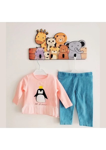 2'li Penguen Baskılı Kot Taytlı Kız Takım