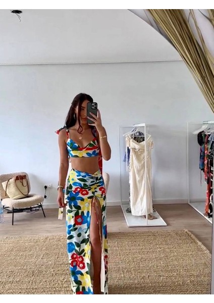 Dijital Baskılı Büstiyer & Yırtmaçlı Etek Takım