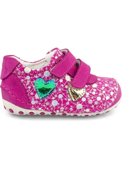 Hakiki Deri Fuşya Kalp Desenli Kız Çocuk Bot