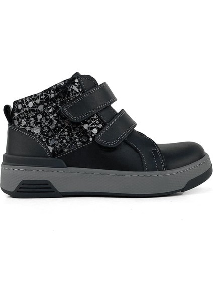 Hakiki Deri Siyah Gümüş Desenli Kız Çocuk Bot