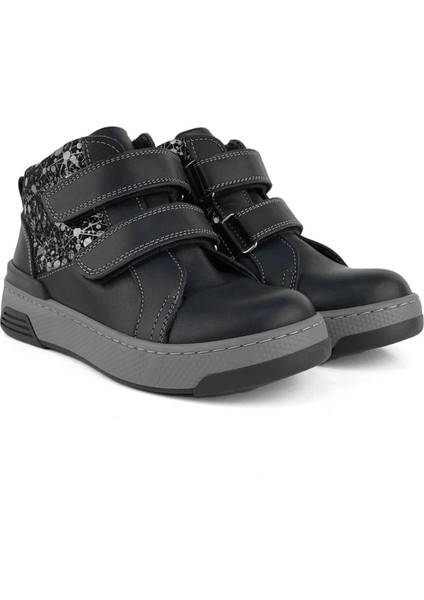 Hakiki Deri Siyah Gümüş Desenli Kız Çocuk Bot fiyatları