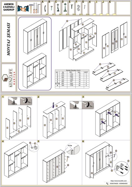 Kenzlife gardırop 6 kapaklı kapılı anemon 180*180*42 crd aynalı gardolap dolap