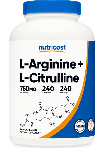 L-Arginine - Arjinin - L-Citrulline - Sitrulin Complex 750 mg 240 Capsul