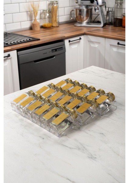 18'li Şeffaf Lego Standlı Cam Baharatlık Seti Kapaklı Etiketli Baharatlık Takım MH03GLD08