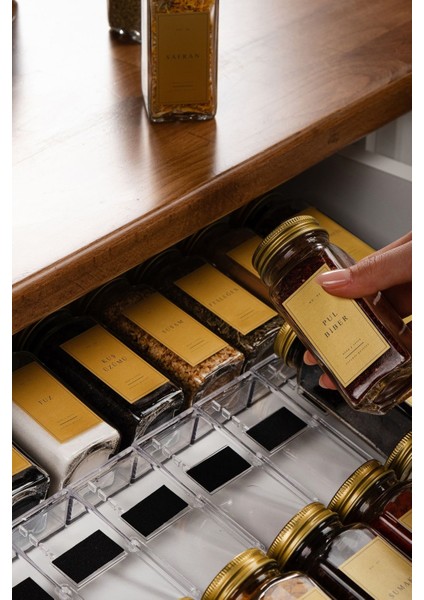 18'li Şeffaf Lego Standlı Cam Baharatlık Seti Kapaklı Etiketli Baharatlık Takım MH03GLD08