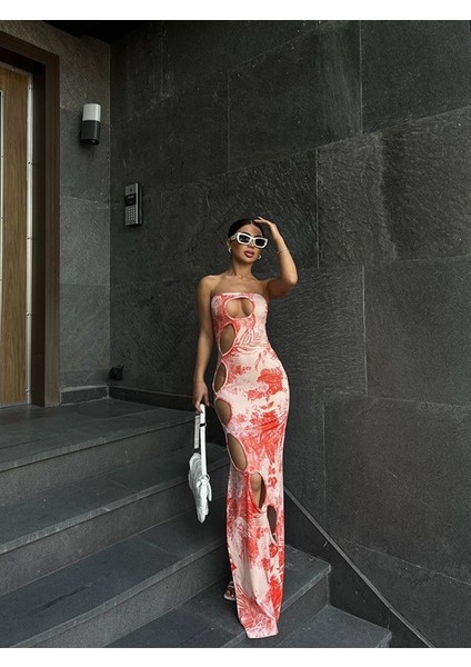 Straplez Dijital Baskılı Uzun Elbise