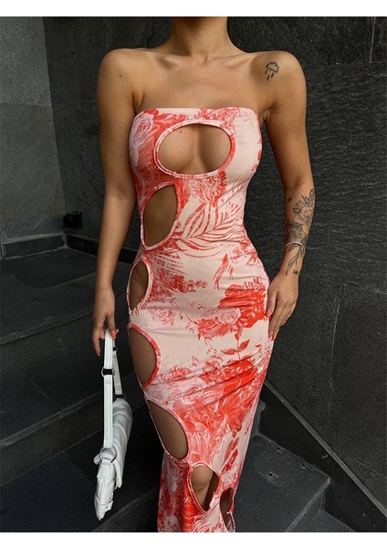 Straplez Dijital Baskılı Uzun Elbise fiyatları