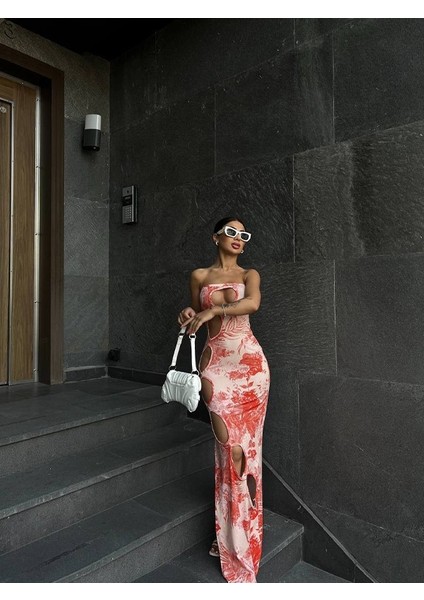 Straplez Dijital Baskılı Uzun Elbise modelleri