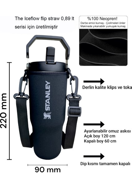 Flip Staw Tumbler 0.89 Lt.Neopren Termos Kılıfı ve Omuz Askısı SİYAH