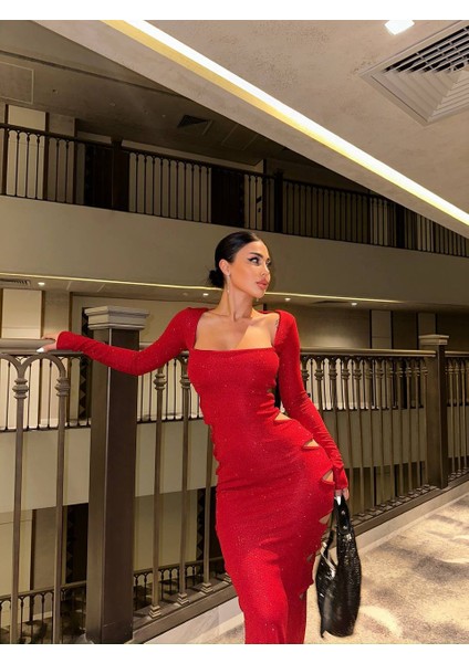 Yanlar Biritli Kare Yaka Kırmızı Uzun Elbise indirimleri