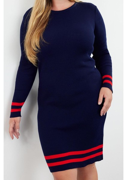 Kadın Moda Şık Büyük Beden Mini Boy Bisiklet Yaka Fitted Fitilli Triko Büyük Beden Elbise modelleri