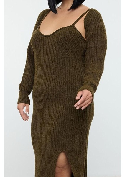 Kadın Moda Şık Büyük Beden Midi Boy Kalp Yaka Fitted Fitilli Yırtmaçlı Triko Elbise&bolero Takım fiyatları