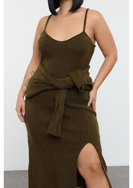Kadın Moda Şık Büyük Beden Midi Boy Kalp Yaka Fitted Fitilli Yırtmaçlı Triko Elbise&bolero Takım modelleri
