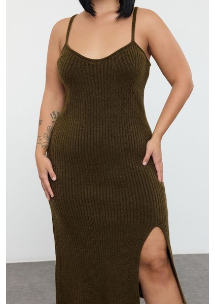 Kadın Moda Şık Büyük Beden Midi Boy Kalp Yaka Fitted Fitilli Yırtmaçlı Triko Elbise&bolero Takım fırsatları