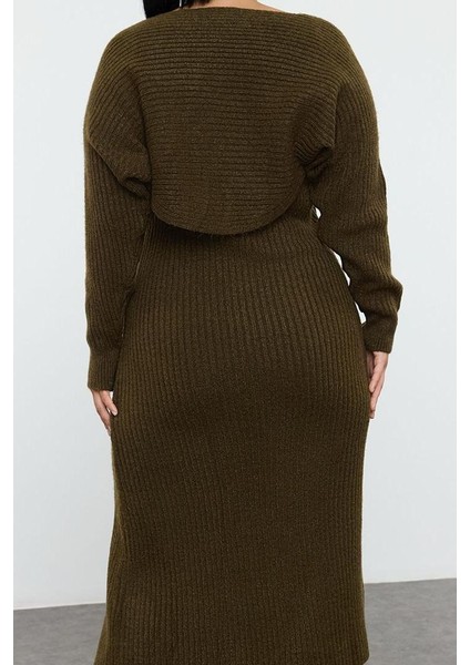 Kadın Moda Şık Büyük Beden Midi Boy Kalp Yaka Fitted Fitilli Yırtmaçlı Triko Elbise&bolero Takım indirimleri