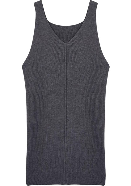 Kadın Moda Şık Büyük Beden Midi Boy V Yaka Fitted Jile Triko Elbise