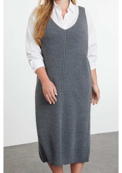 Kadın Moda Şık Büyük Beden Midi Boy V Yaka Fitted Jile Triko Elbise