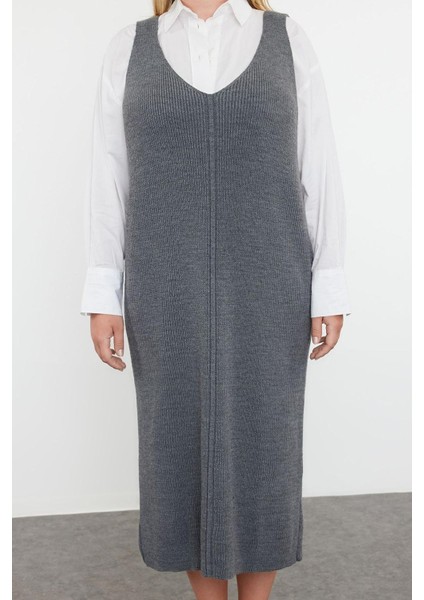 Kadın Moda Şık Büyük Beden Midi Boy V Yaka Fitted Jile Triko Elbise