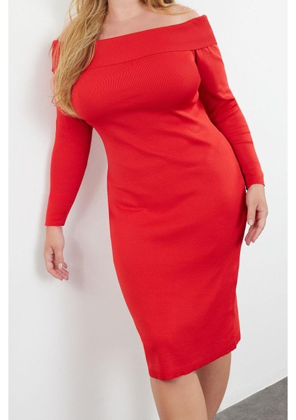 Kadın Moda Şık Büyük Beden Midi Boy Carmen Yaka Fitted Vücudu Saran Triko Elbise modelleri