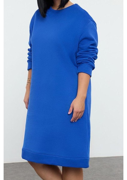Kadın Moda Şık Büyük Beden Midi Boy Bisiklet Yaka Relaxed 2 Iplik Şardonsuz Örme Büyük Beden Elbise modelleri