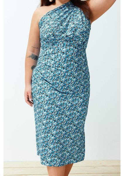 Kadın Büyük Beden Midi Boy Vücuda Oturan Tek Omuz Asimetrik Büzgü ve Degaje Detaylı Örme Elbise fiyatları