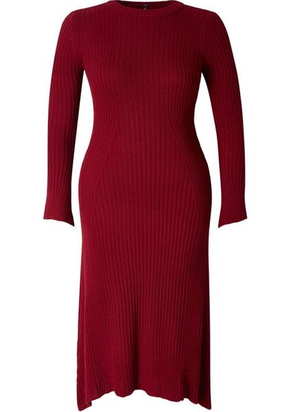 Kadın Moda Şık Büyük Beden Midi Boy Bisiklet Yaka Fitted Bordo Fitilli Triko Elbise