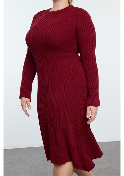 Kadın Moda Şık Büyük Beden Midi Boy Bisiklet Yaka Fitted Bordo Fitilli Triko Elbise