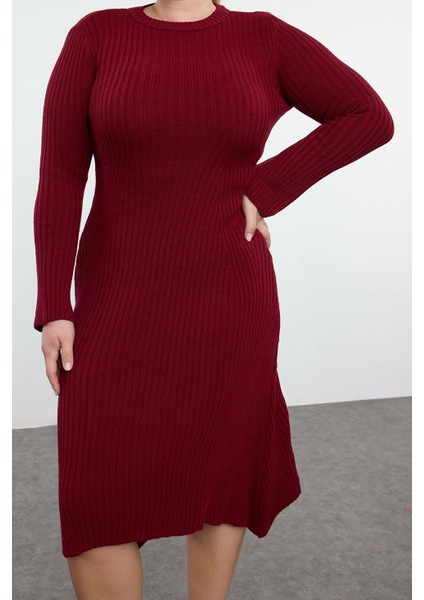 Kadın Moda Şık Büyük Beden Midi Boy Bisiklet Yaka Fitted Bordo Fitilli Triko Elbise
