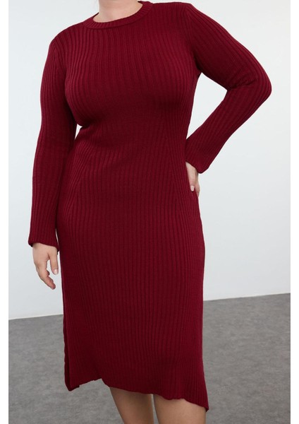 Kadın Moda Şık Büyük Beden Midi Boy Bisiklet Yaka Fitted Bordo Fitilli Triko Elbise