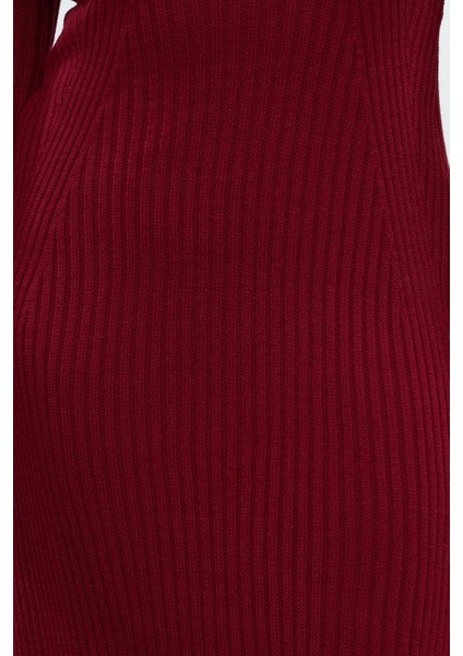 Kadın Moda Şık Büyük Beden Midi Boy Bisiklet Yaka Fitted Bordo Fitilli Triko Elbise