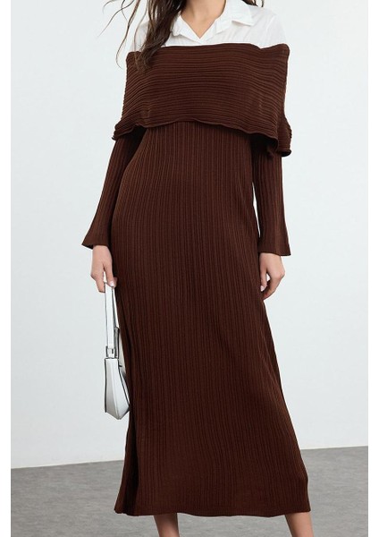 Kadın Moda Şık Tesettür Maxi Boy Carmen Yaka Fitted Dokuma Garnili Triko Elbise