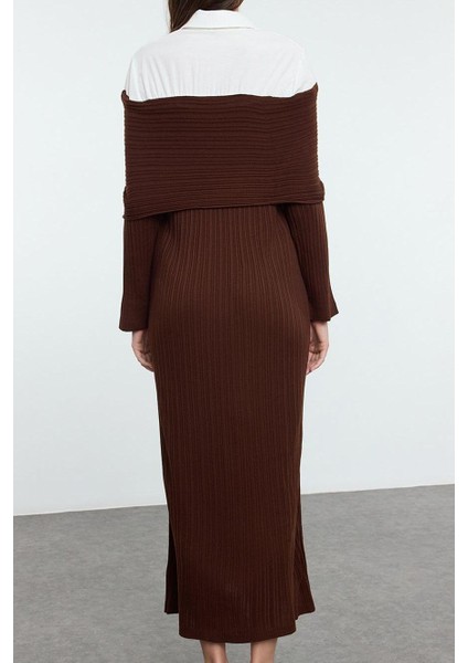 Kadın Moda Şık Tesettür Maxi Boy Carmen Yaka Fitted Dokuma Garnili Triko Elbise modelleri