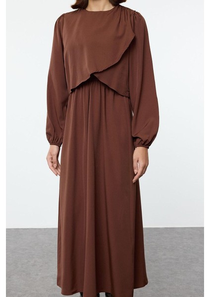 Kadın Moda Şık Tesettür Uzun Bisiklet Yaka Fitted Peplum Detaylı Dokuma Elbise