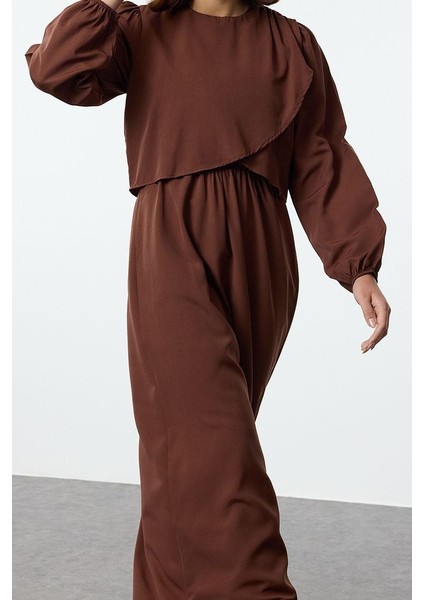 Kadın Moda Şık Tesettür Uzun Bisiklet Yaka Fitted Peplum Detaylı Dokuma Elbise fiyatları