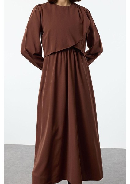 Kadın Moda Şık Tesettür Uzun Bisiklet Yaka Fitted Peplum Detaylı Dokuma Elbise modelleri