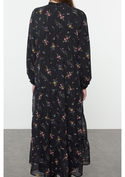 Kadın Moda Şık Tesettür Uzun Dik Yaka Oversize Çıtır Çiçek Desenli Yaka Detaylı Dokuma Elbise indirimleri