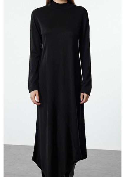 Kadın Moda Şık Tesettür Maxi Boy Dik Yaka Fitted Asimetrik Kesim Triko Elbise