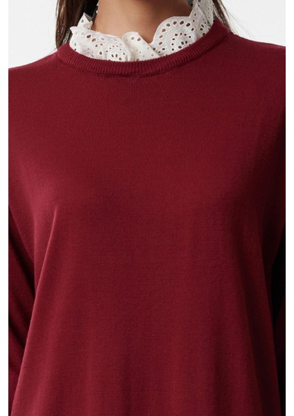 Kadın Moda Şık Tesettür Maxi Boy Dik Yaka Relaxed Bordo Brode Yaka Detaylı Triko Elbise fırsatları