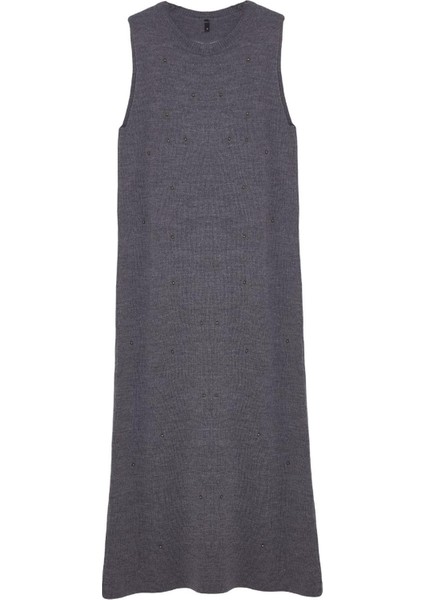 Kadın Moda Şık Tesettür Uzun Bisiklet Yaka Regular Incili Triko Elbise