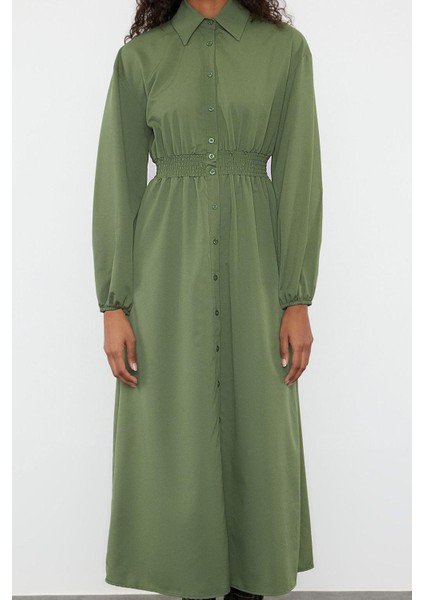 Kadın Moda Şık Tesettür Uzun Hakim Yaka Regular Beli Lastikli Dokuma Elbise modelleri