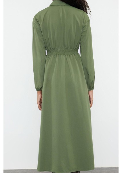 Kadın Moda Şık Tesettür Uzun Hakim Yaka Regular Beli Lastikli Dokuma Elbise indirimleri