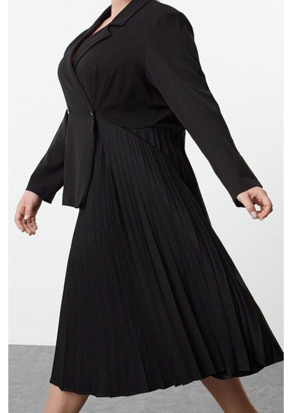 Kadın Moda Şık Büyük Beden Midi Boy Ceket Yaka Relaxed Pilise Etekli Dokuma Büyük Beden Ceket Elbise modelleri