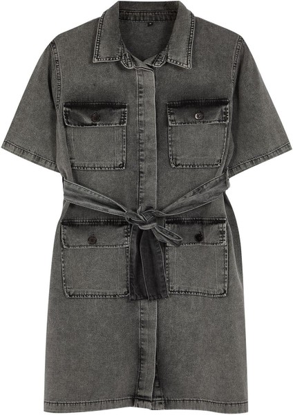 Kadın Moda Şık Büyük Beden Mini Boy Gömlek Yaka Denim Koyu Mavi Kuşak Detaylı Gömlek Elbise