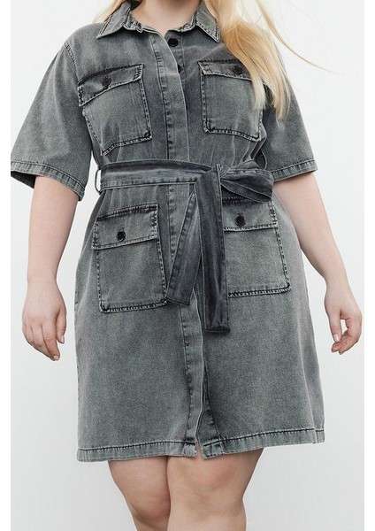 Kadın Moda Şık Büyük Beden Mini Boy Gömlek Yaka Denim Koyu Mavi Kuşak Detaylı Gömlek Elbise fiyatları