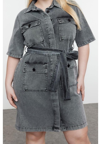 Kadın Moda Şık Büyük Beden Mini Boy Gömlek Yaka Denim Koyu Mavi Kuşak Detaylı Gömlek Elbise modelleri