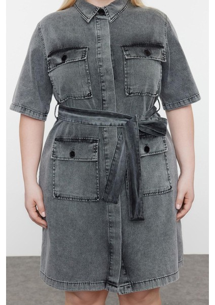 Kadın Moda Şık Büyük Beden Mini Boy Gömlek Yaka Denim Koyu Mavi Kuşak Detaylı Gömlek Elbise fırsatları