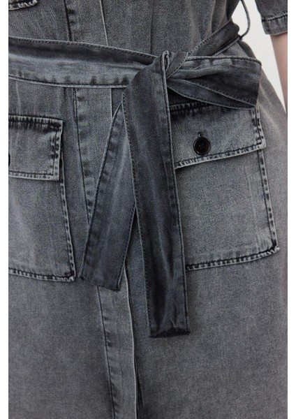 Kadın Moda Şık Büyük Beden Mini Boy Gömlek Yaka Denim Koyu Mavi Kuşak Detaylı Gömlek Elbise indirimleri