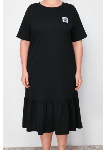 Kadın Büyük Beden Midi Boy Relaxed Büzgü ve Etiket Detaylı Pamuk Örme T-Shirt Elbise