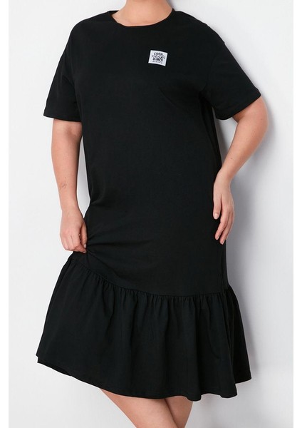 Kadın Büyük Beden Midi Boy Relaxed Büzgü ve Etiket Detaylı Pamuk Örme T-Shirt Elbise fırsatları